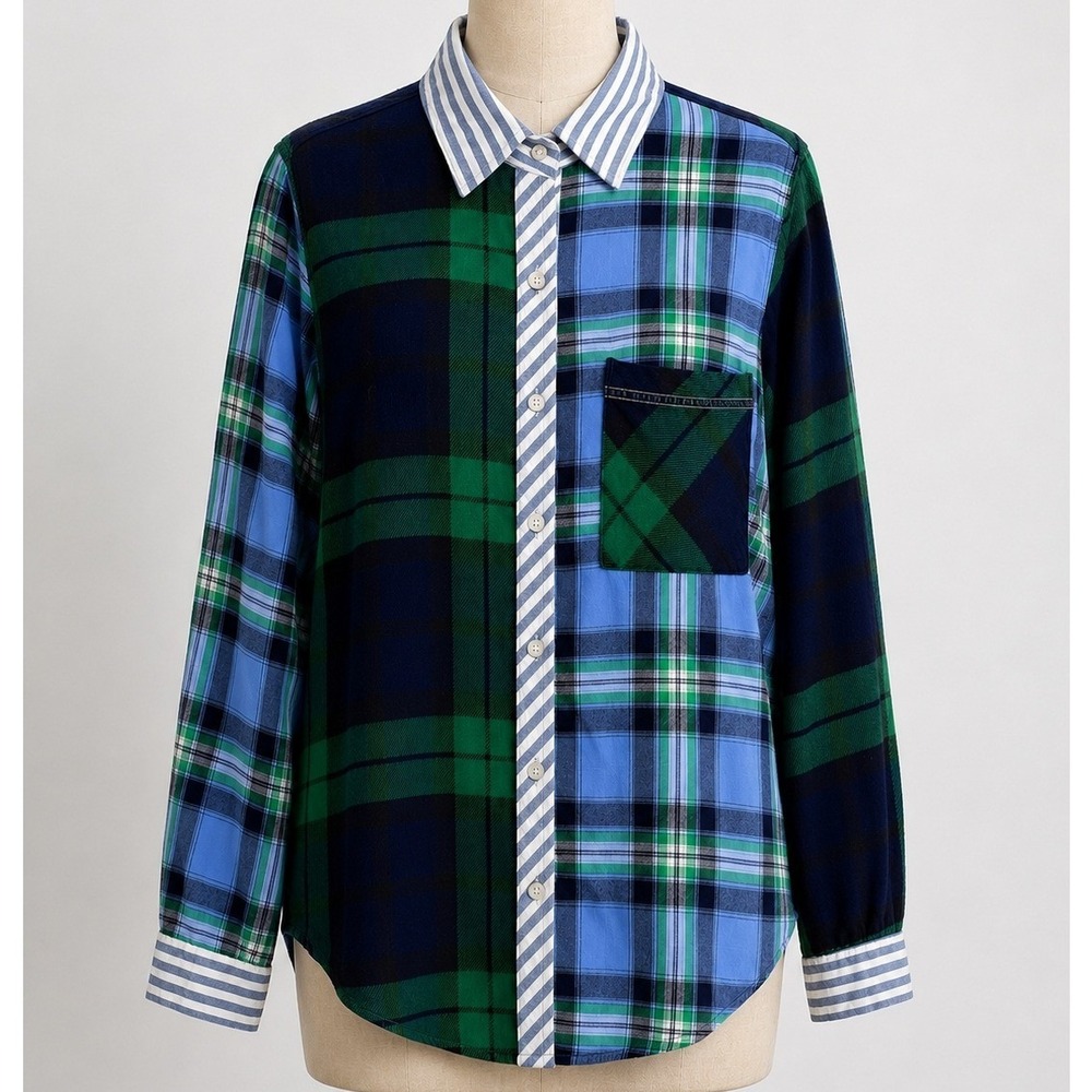 Aerie Flannel Mixed Plaid Button Down Shirt Medium Blue Green Colorblock Preppy